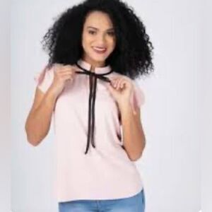 Fashion Nova Women’s Dust Pink Short Sleeve Bow Tie Neck Ruffle Blouse Size M